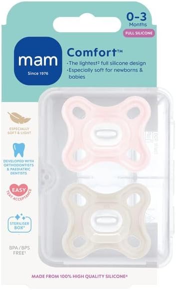 MAM Comfort Dummies, 0-3M, 2 Pack, Orthodontic Design, Pink/Cream