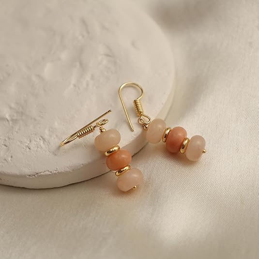 Gempires Natural Gemstone Rondelle Bead Earrings for Women | 8mm Beaded Drop Dangle Earrings | Gold Plated Hypoallergenic Hook Jewelry | Handmade Lightweight Crystal Earrings