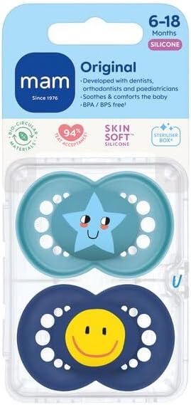 MAM Original Dummies, 6-18M, 2 Pack, Orthodontic Design, Blue