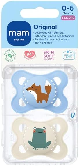 MAM Original Dummies, 0-6M, 2 Pack, Orthodontic Design, Blue/Cream