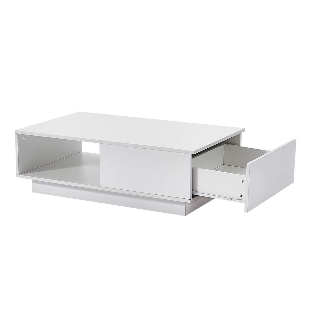 Panana Wooden Coffee Table with Storage Drawer and Shelf Wood Sofa Side End Table with LED Lighting Home Office Living Room Furniture (White)