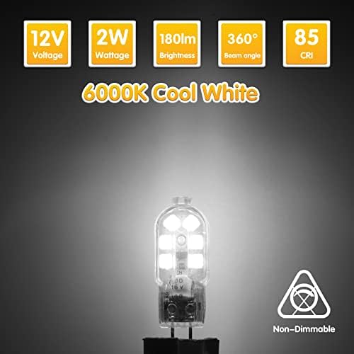 2W G4 LED Bulbs Warm White 3000K, Replacement 20W Halogen Bulb, Non Flicker AC/DC 12V Energy Saving G4 LED Capsule Light Bulbs, Non-Dimmable, 10 Pack