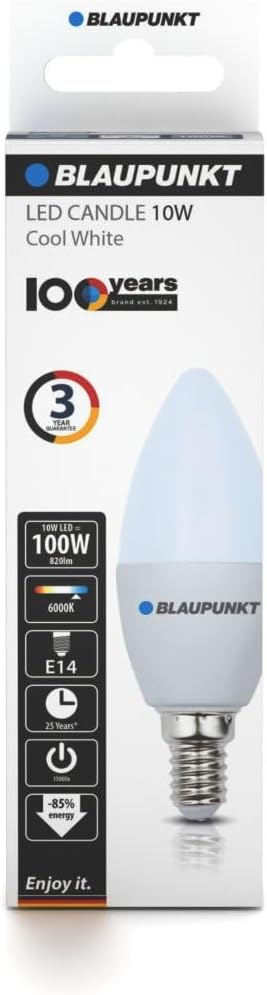Blaupunkt E14 LED Light Bulb Candle Shape – 10W (Equivalent to 80W - 100W), 820 Lumens, 4000K Neutral White LED – Non‑Dimmable, E14 Screw Base, Energy‑Efficient Home Lighting – Pack of 1
