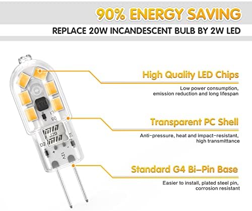 2W G4 LED Bulbs Warm White 3000K, Replacement 20W Halogen Bulb, Non Flicker AC/DC 12V Energy Saving G4 LED Capsule Light Bulbs, Non-Dimmable, 10 Pack