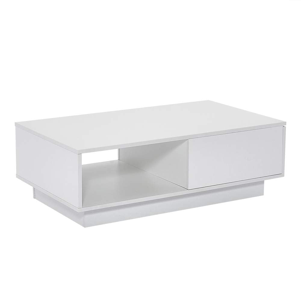 Panana Wooden Coffee Table with Storage Drawer and Shelf Wood Sofa Side End Table with LED Lighting Home Office Living Room Furniture (White)