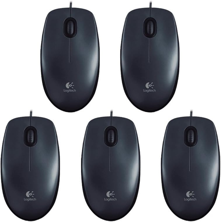 Logitech B100 Wired Mouse, USB Port, 800 DPI Optical Sensor, 3 Buttons, for Left and Right Handers, PC/Mac - Black (Optical Business Mouse | Pack of 5)