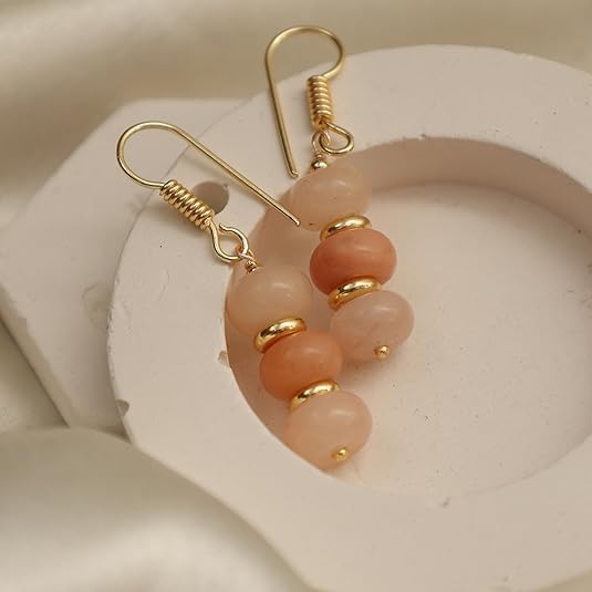 Gempires Natural Gemstone Rondelle Bead Earrings for Women | 8mm Beaded Drop Dangle Earrings | Gold Plated Hypoallergenic Hook Jewelry | Handmade Lightweight Crystal Earrings