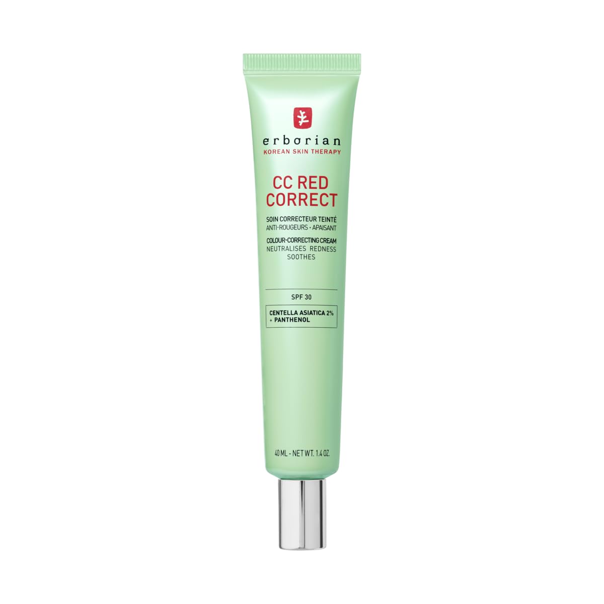 Erborian - CC Red Correct - Anti Redness Tinted Face Cream with Centella Asiatica Panthenol and Bisabolol - Green Neutralizing Shade with SPF 30 - Light Coverage - Korean Cosmetic