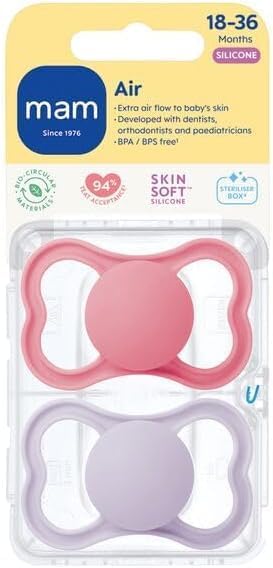 MAM Perfect Dummies, 18-36M, 2 Pack, Orthodontic Design, Pink/Purple
