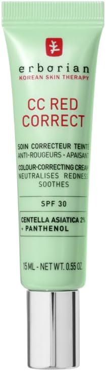 Erborian - CC Red Correct - Anti Redness Tinted Face Cream with Centella Asiatica Panthenol and Bisabolol - Green Neutralizing Shade with SPF 30 - Light Coverage - Korean Cosmetic