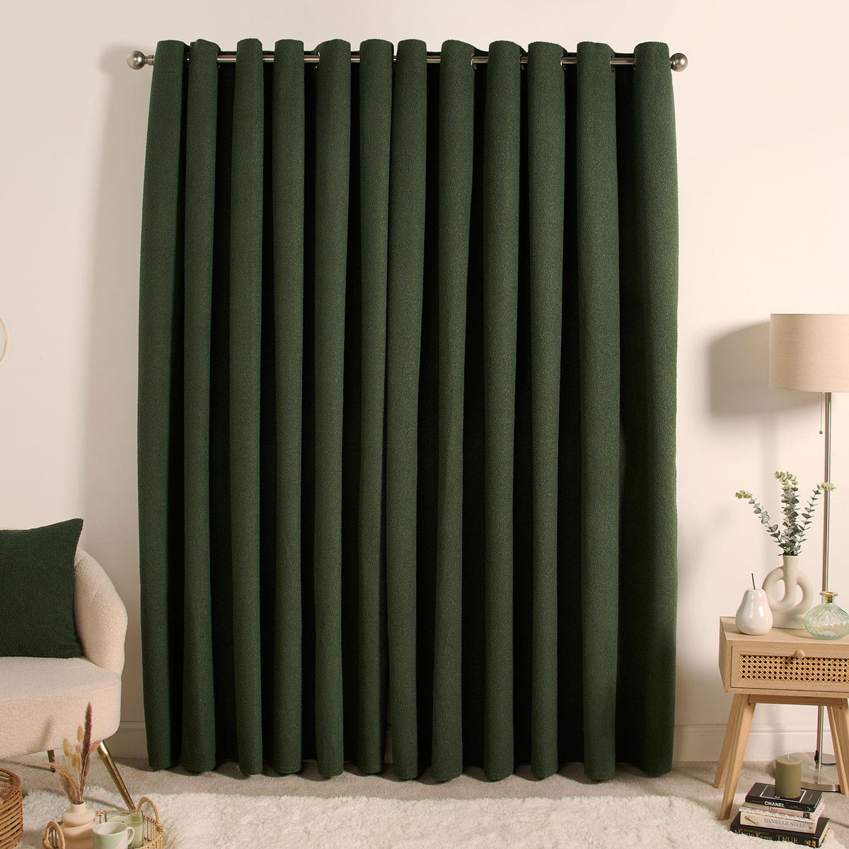 OHS Boucle Eyelet Curtains Blackout Pair Ready Made Ring Top Energy Saving