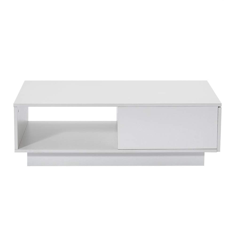 Panana Wooden Coffee Table with Storage Drawer and Shelf Wood Sofa Side End Table with LED Lighting Home Office Living Room Furniture (White)