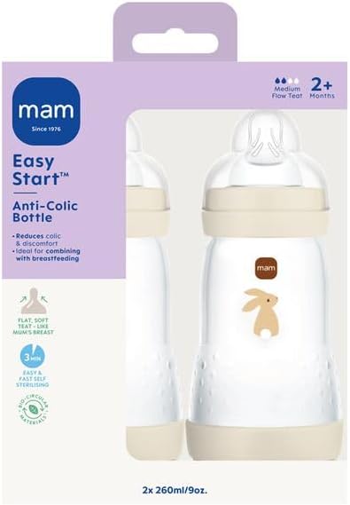 MAM Easy Start Anti-Colic Bottles, 2 x 260ml, Self-Sterilising, Linen