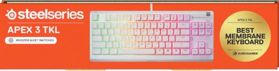 SteelSeries Apex 3 TKL Gaming Keyboard - Silent Keyboard, Tenkeyless PC Keyboard - 8-Zone RGB Illumination - IP32 Water & Dust Resistant - English QWERTY Layout, Black
