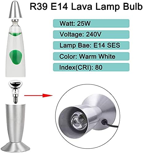 2X R39 E14 25W Lava Lamp Bulbs 240V, Small Edison Screw SES Reflector Spot Lava Lamp Bulbs Dimmable, SES Warm White 2600K Energy Saving R39 Spotlight Bulbs (Silver Base).