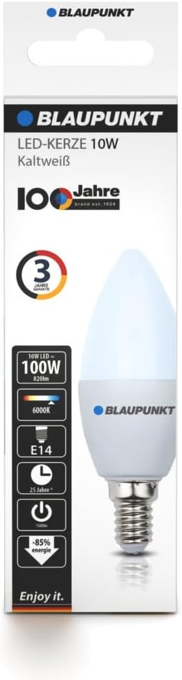 Blaupunkt E14 LED Light Bulb Candle Shape – 10W (Equivalent to 80W - 100W), 820 Lumens, 4000K Neutral White LED – Non‑Dimmable, E14 Screw Base, Energy‑Efficient Home Lighting – Pack of 1