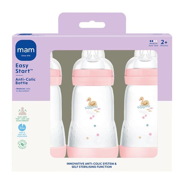 MAM Easy Start Anti-Colic Bottles, 2 x 260ml, Self-Sterilising, Linen