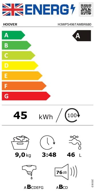 Hoover H-WASH 350 9kg Freestanding Washing Machine, 1400 RPM, A Rated, ECO-Power Inverter Motor, hOn App, 60 Programmes, Eco Doser, Power Care System, White, 60x53x85 cm - H3WPS496TAMB6-80