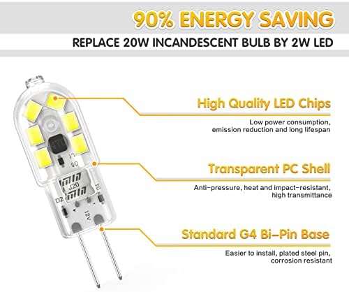 2W G4 LED Bulbs Warm White 3000K, Replacement 20W Halogen Bulb, Non Flicker AC/DC 12V Energy Saving G4 LED Capsule Light Bulbs, Non-Dimmable, 10 Pack