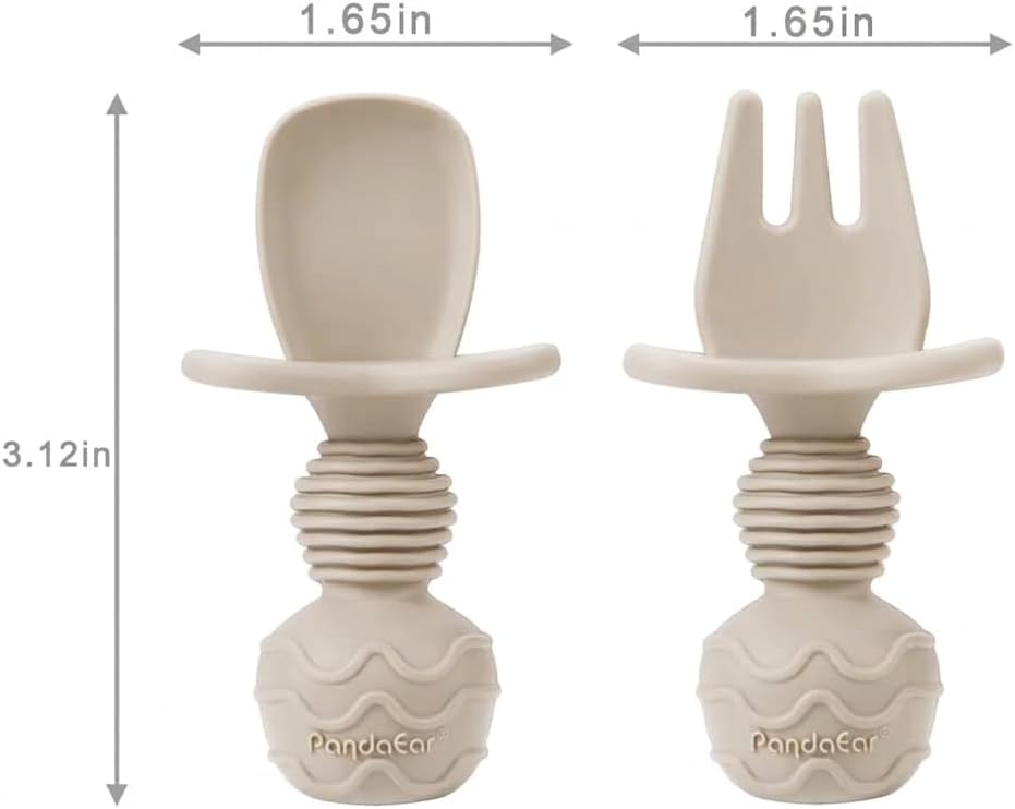 PandaEar 6 Pack Silicone Baby Weaning Spoons and Forks Set| Toddler Cutlery Self Feeding Spoons for Baby| Anti-Choke Design for Baby Led Weaning 3 Months Plus (Blue Green Tan)