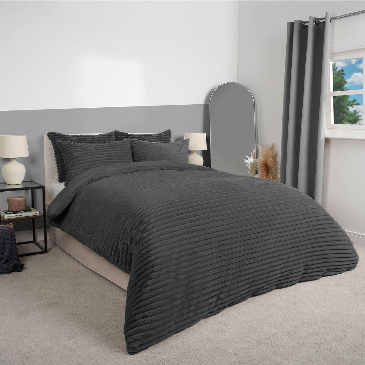 OHS Ribbed Fleece Bedding Set Soft Faux Fur Thermal Duvet Cover with Pillowcase
