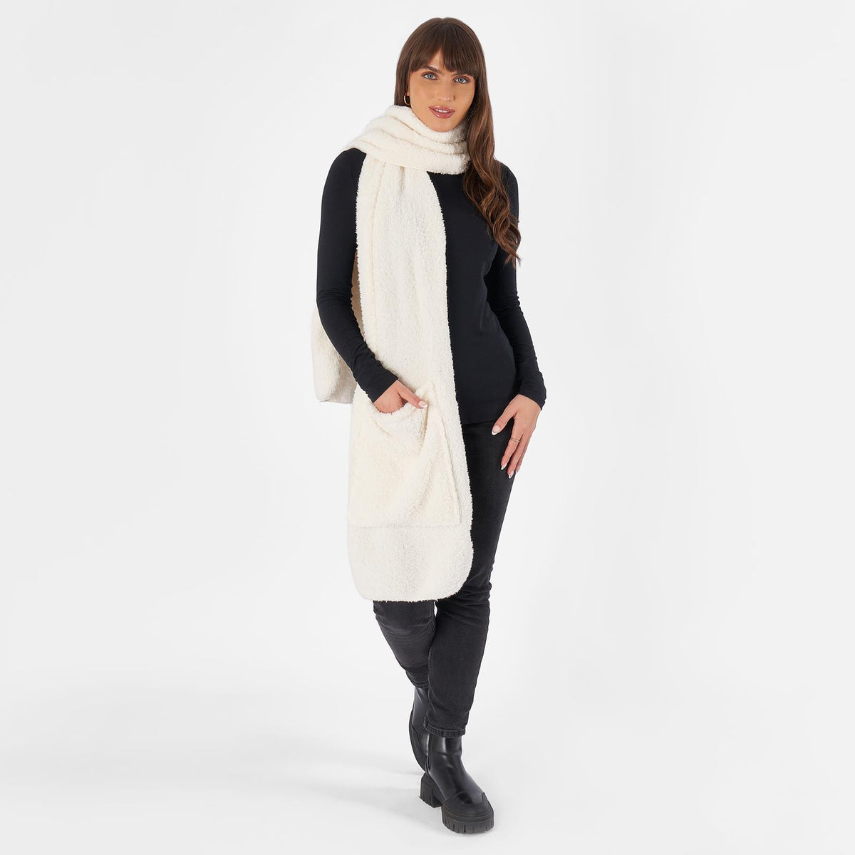 OHS Long Teddy Fleece Scarf Pocket Soft Wrap Plush Womens Shawl Neck Hand Warmer
