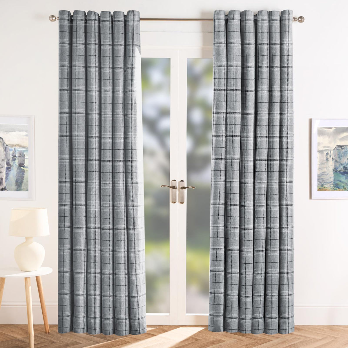 OHS Check Eyelet Curtains Pair Thermal Ring Top Textured Woven Ready Made