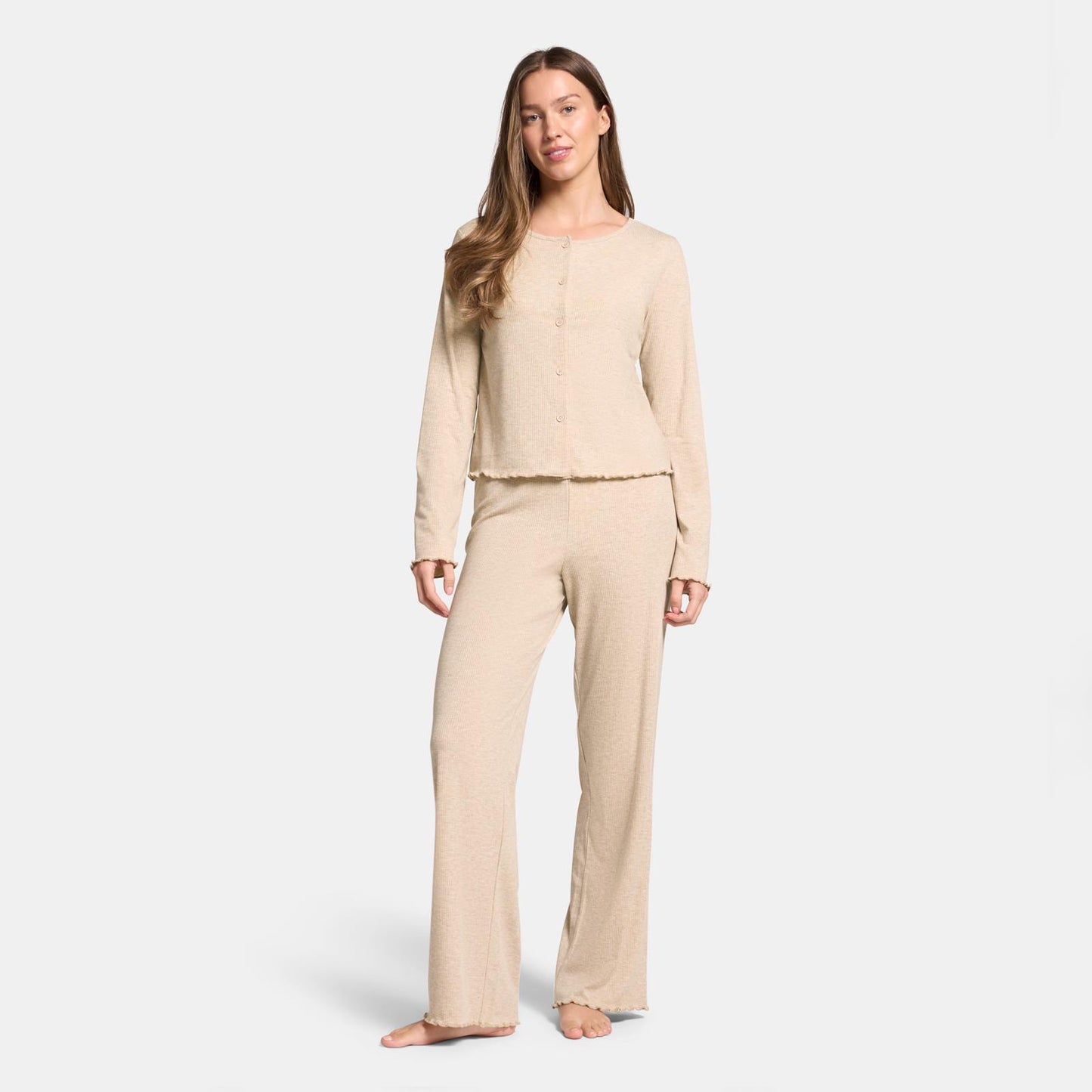 OHS Ribbed Jersey Pyjama Set Womens Lettuce Edge Sleepwear Nightwear Loungewear