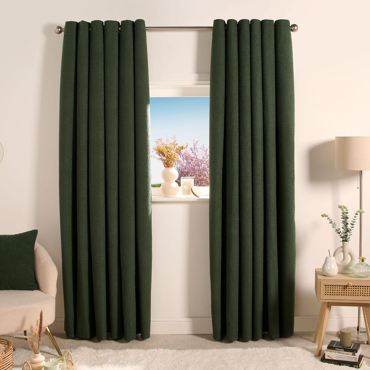 OHS Boucle Eyelet Curtains Blackout Pair Ready Made Ring Top Energy Saving