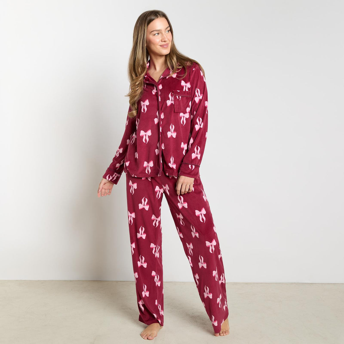 OHS Bows Pyjama Set Womens Button Through Baby Fleece Loungewear Nightwear