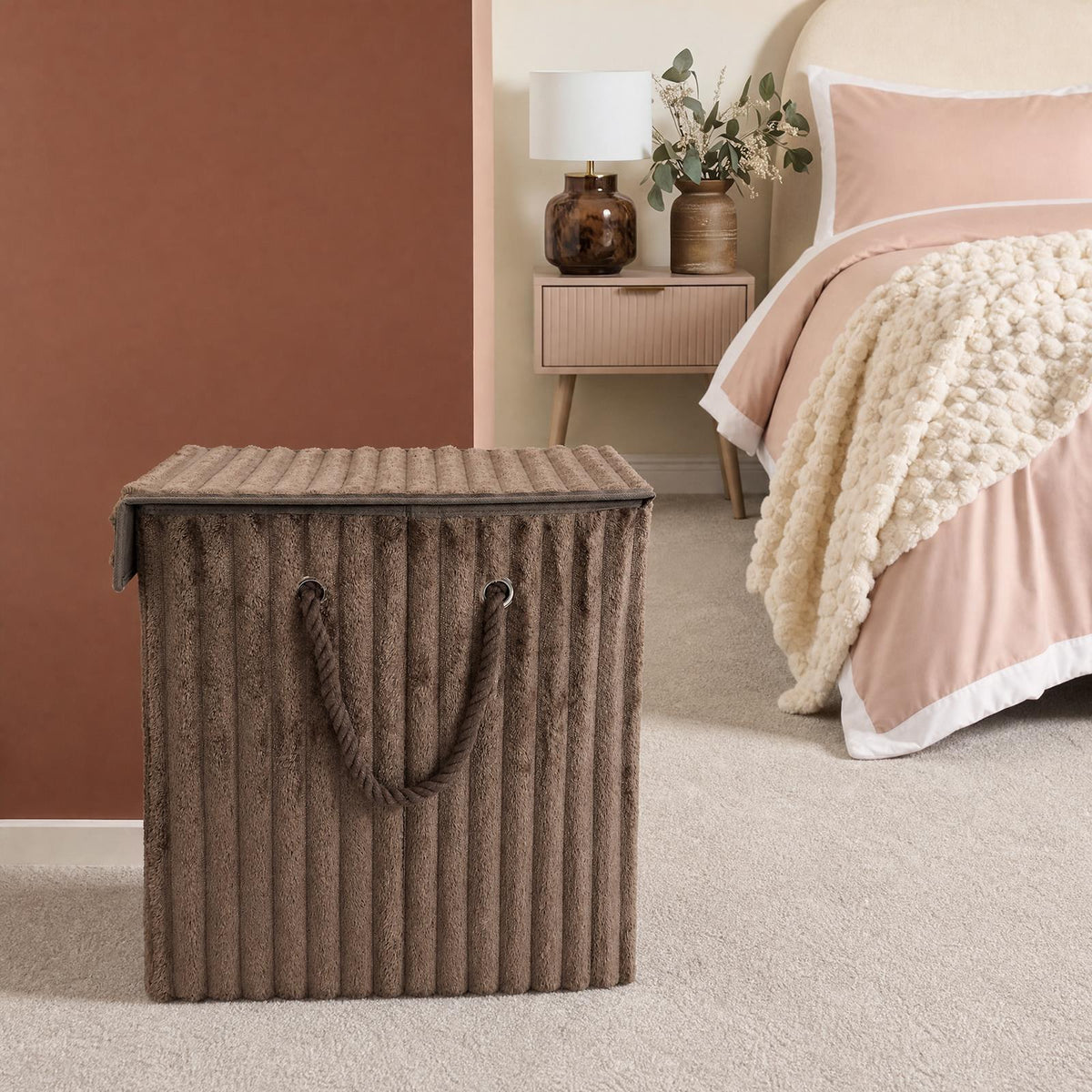 OHS Ribbed Laundry Basket with Lid Foldable Hamper Bag Washing Bin Storage