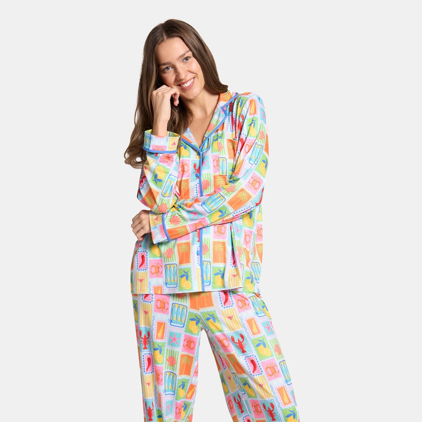 OHS Postcards Print Pyjama Set Womens Jersey Button Through Nightwear Loungewear