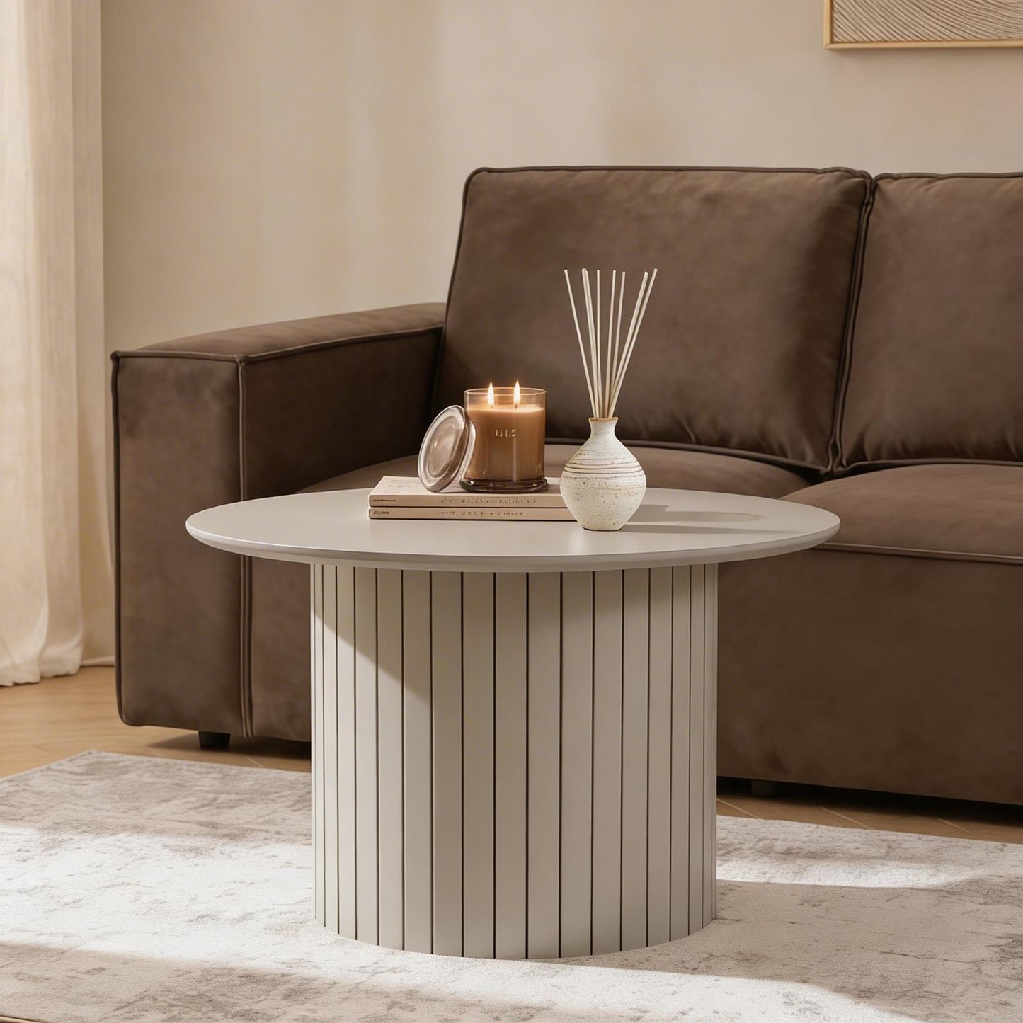OHS Madison Coffee Table Ribbed MDF Round Living Room Home Decor