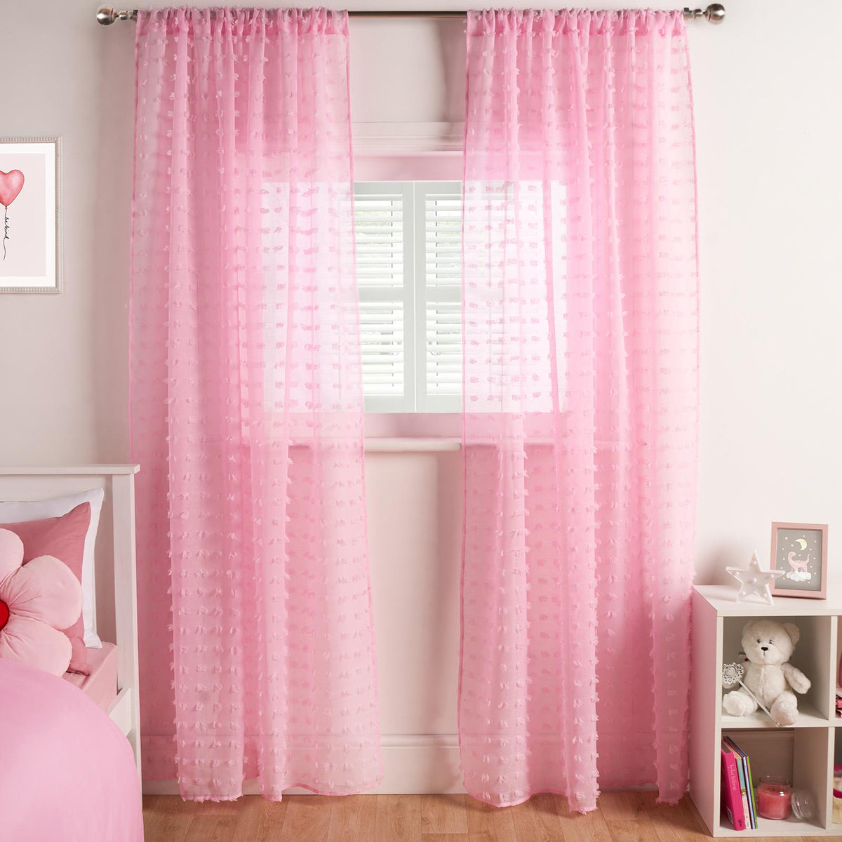 OHS Pompom Tufted Voile Net Curtains Pair 2 Window Panels Slot Top Set 55" Wide