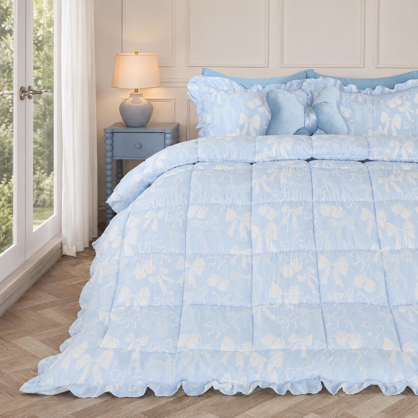 OHS Frill Edge Coverless 7.5 Tog Duvet Bows Print Bedding Set with Pillowcase