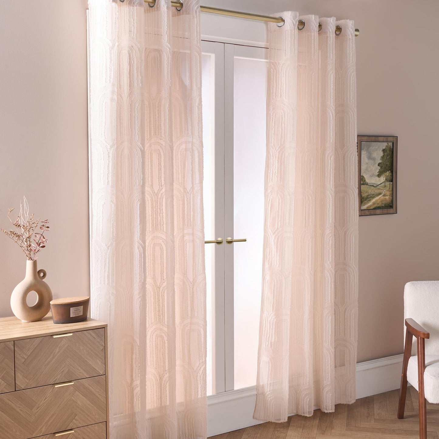 OHS Tufted Arches Voile Net Curtains Pair of 2 Window Panels Slot Top Set