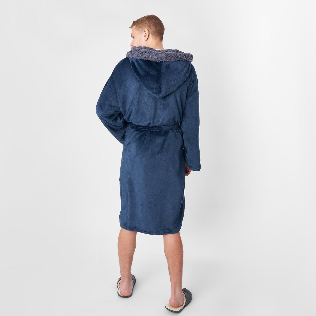 OHS Mens Dressing Gown Long Hooded Soft Flannel Fleece Sherpa Bathrobe Lounge