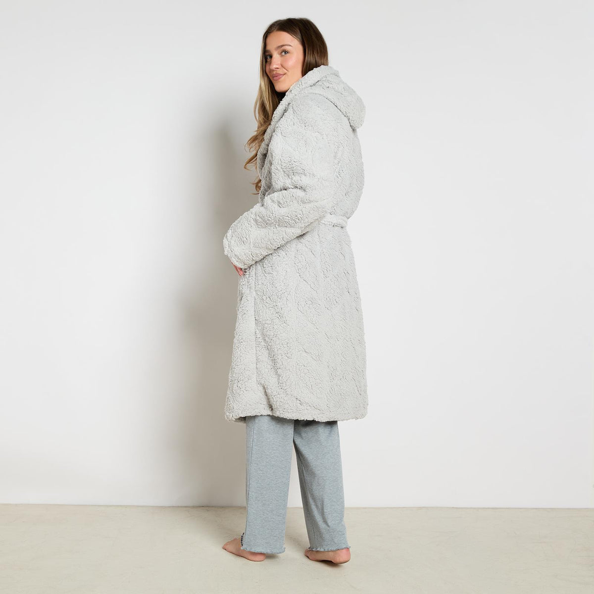 OHS Braided Fleece Dressing Gown Robe Womens Supersoft Hooded PJ Loungewear