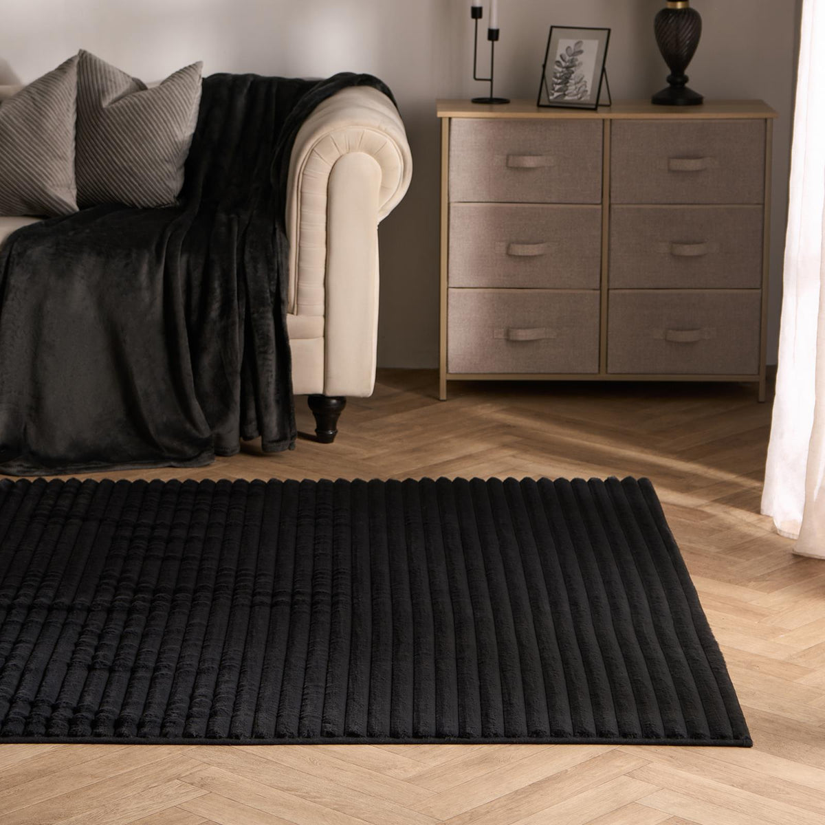 Faux Fur Rug Living Room Ribbed Large Mat Luxury Carpet Anti Slip Floor Runner