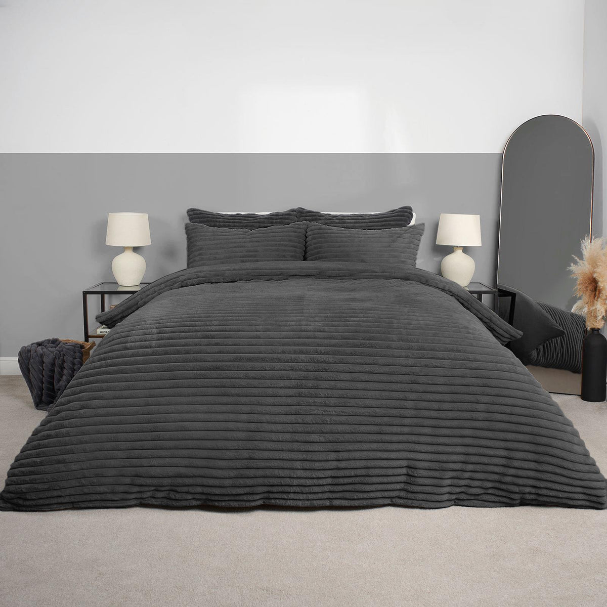 OHS Ribbed Fleece Bedding Set Soft Faux Fur Thermal Duvet Cover with Pillowcase