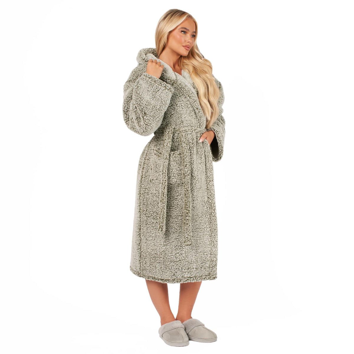 OHS Teddy Marl Fleece Soft Adults Dressing Gown Unisex Full-Length Robe