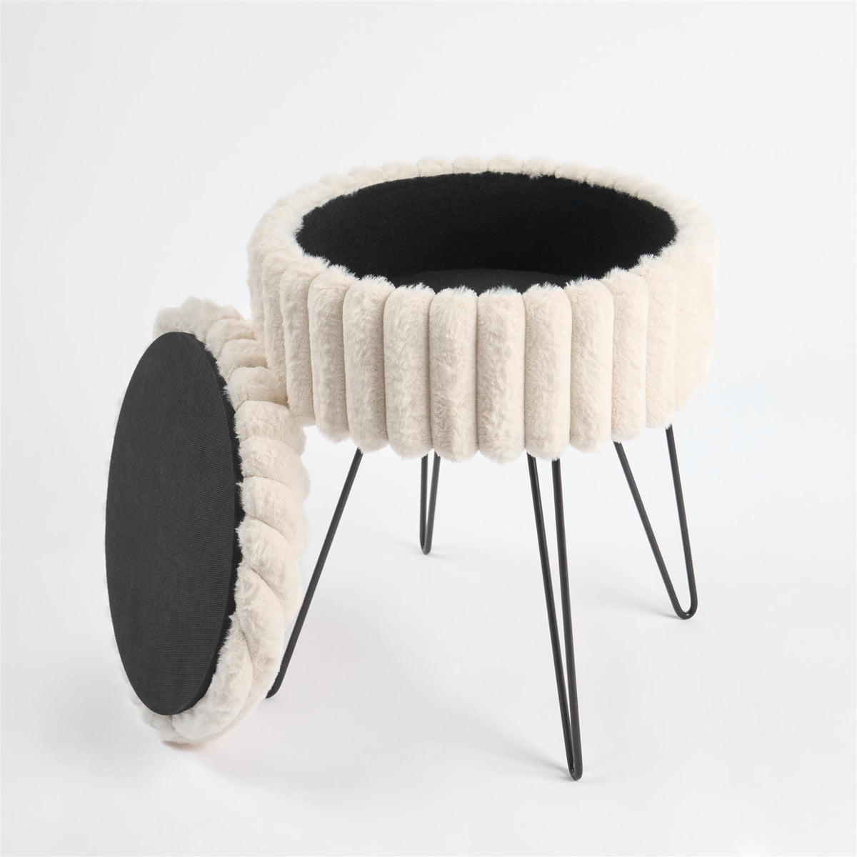 OHS Faux Fur Stool Hairpin Ribbed Fleece Round Vanity Seat Foot Rest Chair