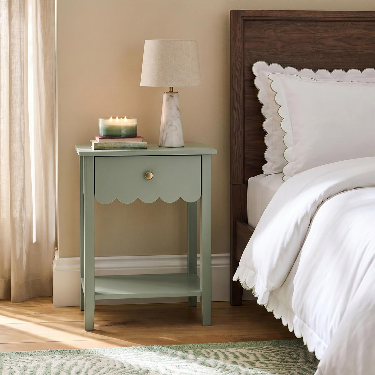 OHS Scallop Bedside Wood Nightstand 1 Drawer Storage Unit End Table Home Decor