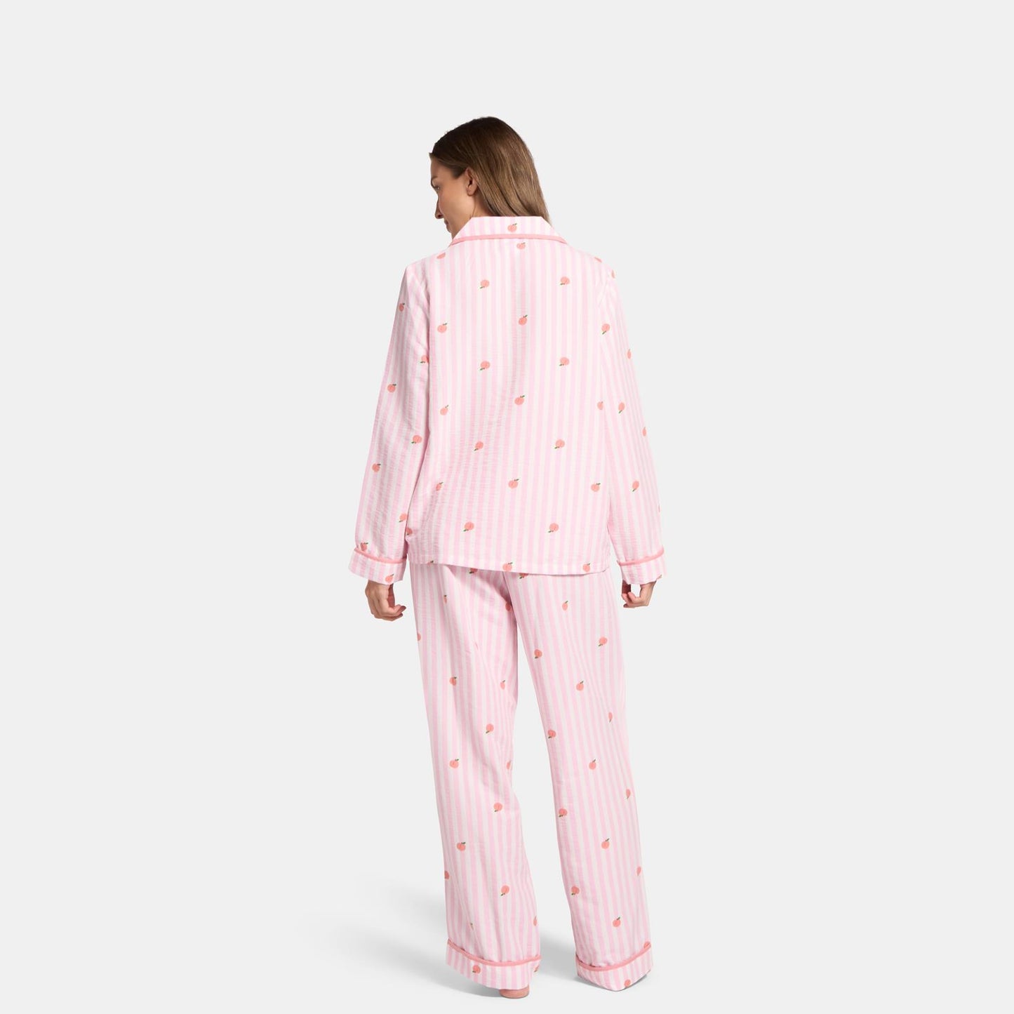 OHS Stripe Pyjama Set Womens Seersucker Button Through Soft Nightwear Loungewear