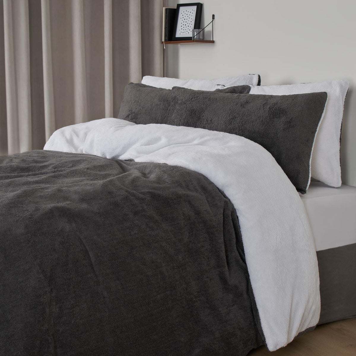 OHS Reversible Teddy Fleece Duvet Cover with Pillowcase Bedding Set Grey