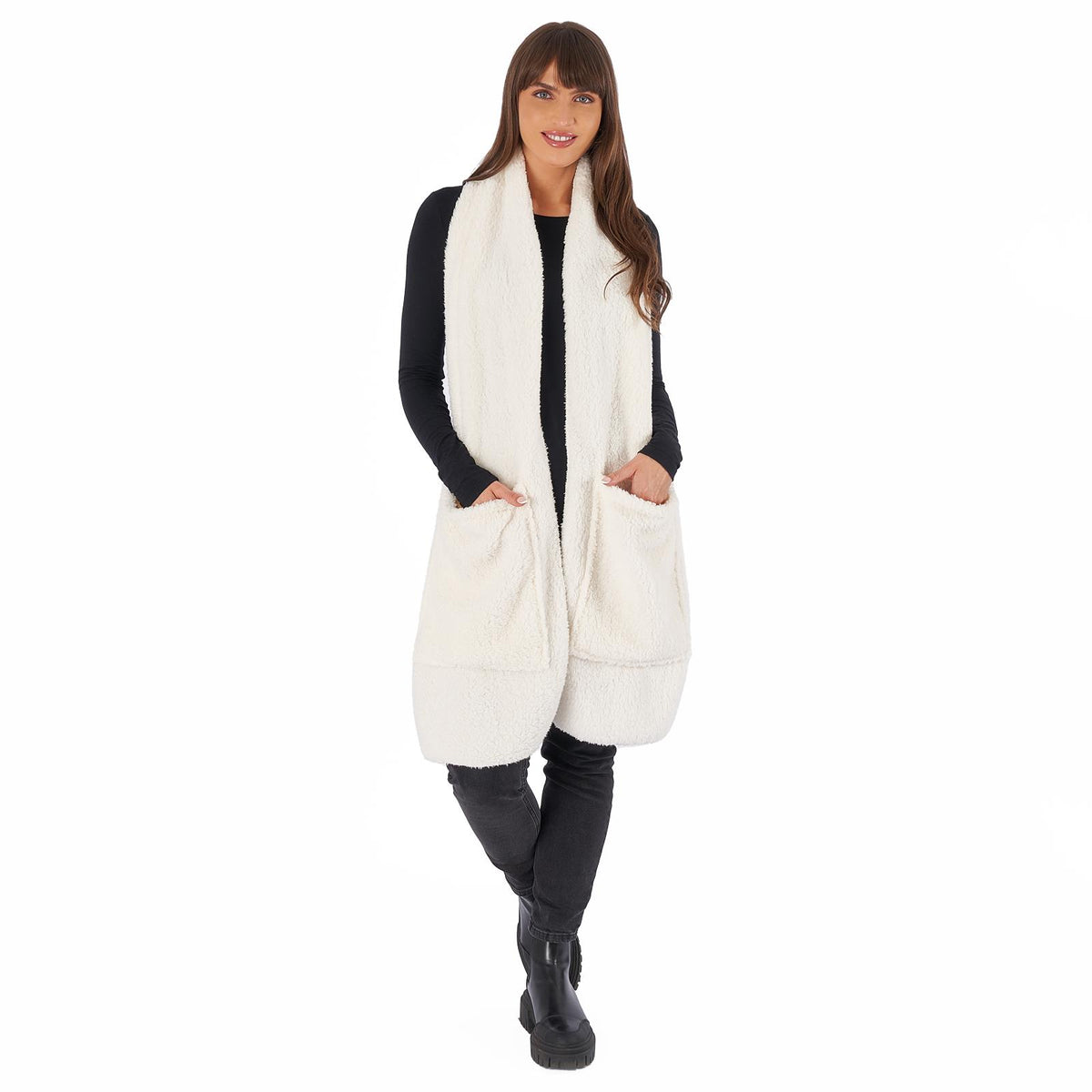 OHS Long Teddy Fleece Scarf Pocket Soft Wrap Plush Womens Shawl Neck Hand Warmer