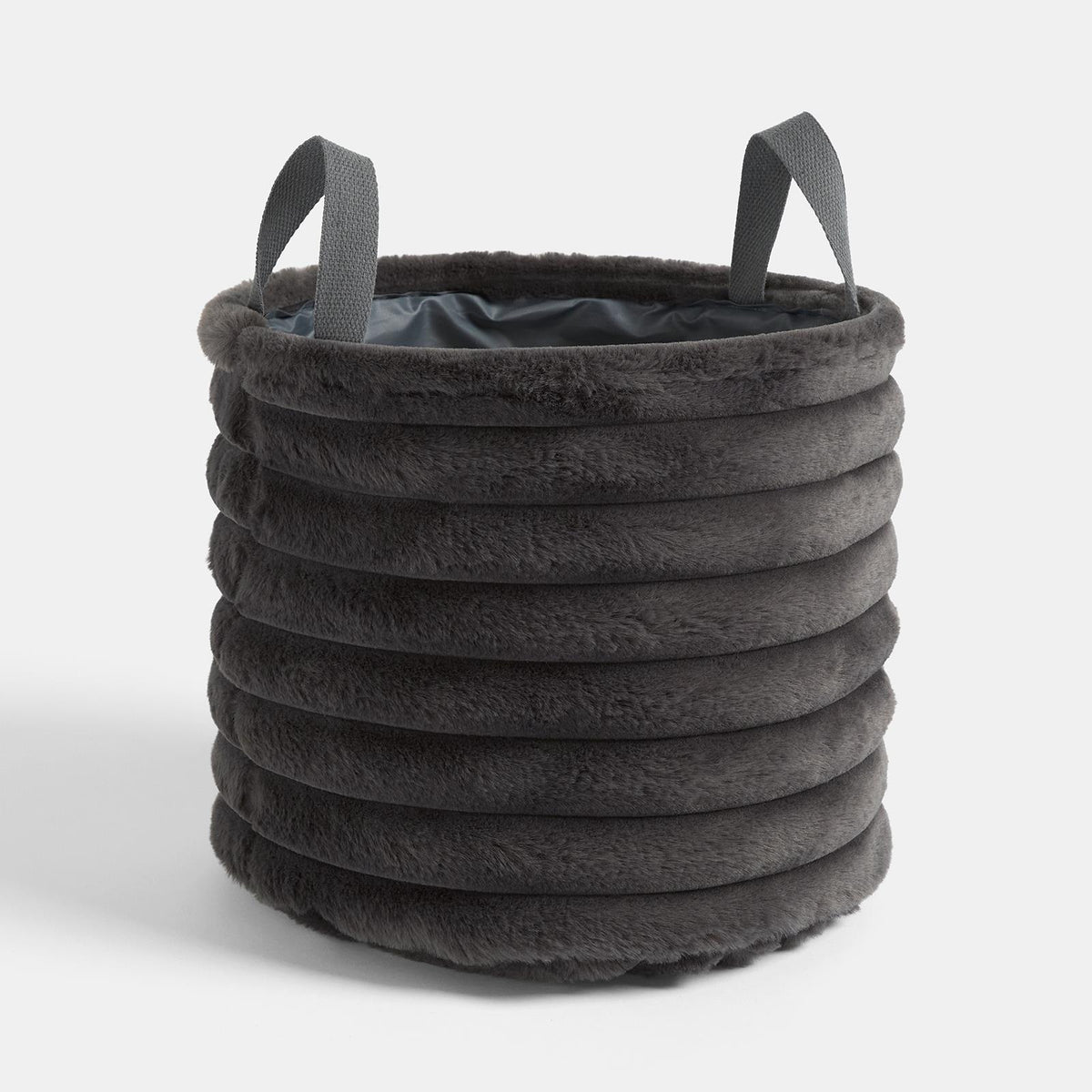 OHS Ribbed Storage Basket with Handles Faux Fur Compact Bucket Organiser