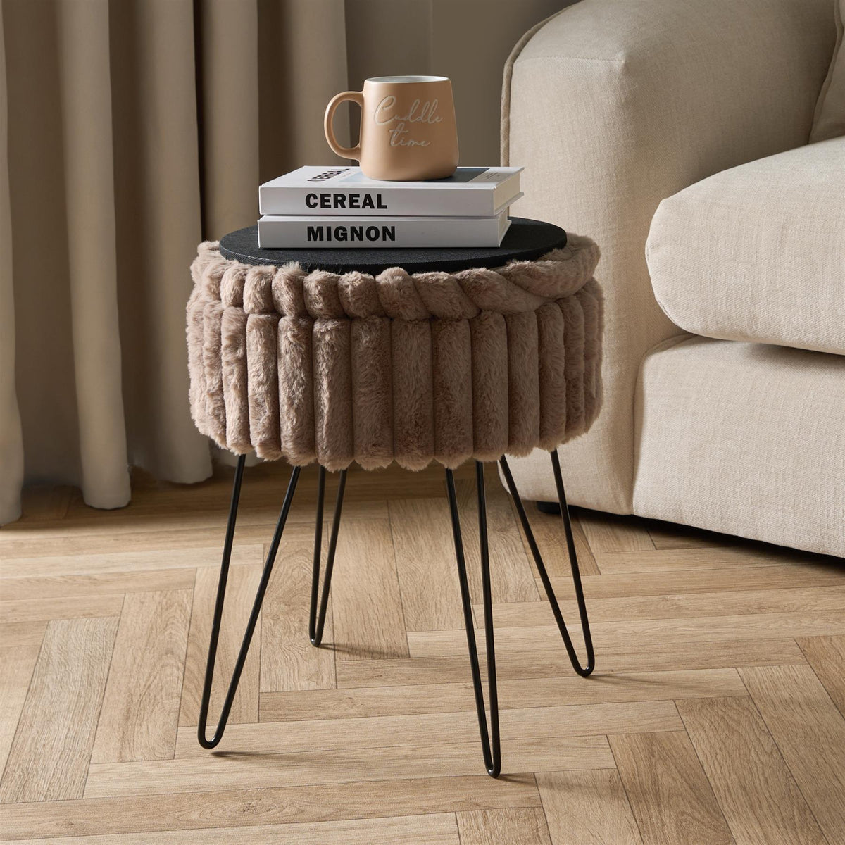 OHS Faux Fur Stool Hairpin Ribbed Fleece Round Vanity Seat Foot Rest Chair