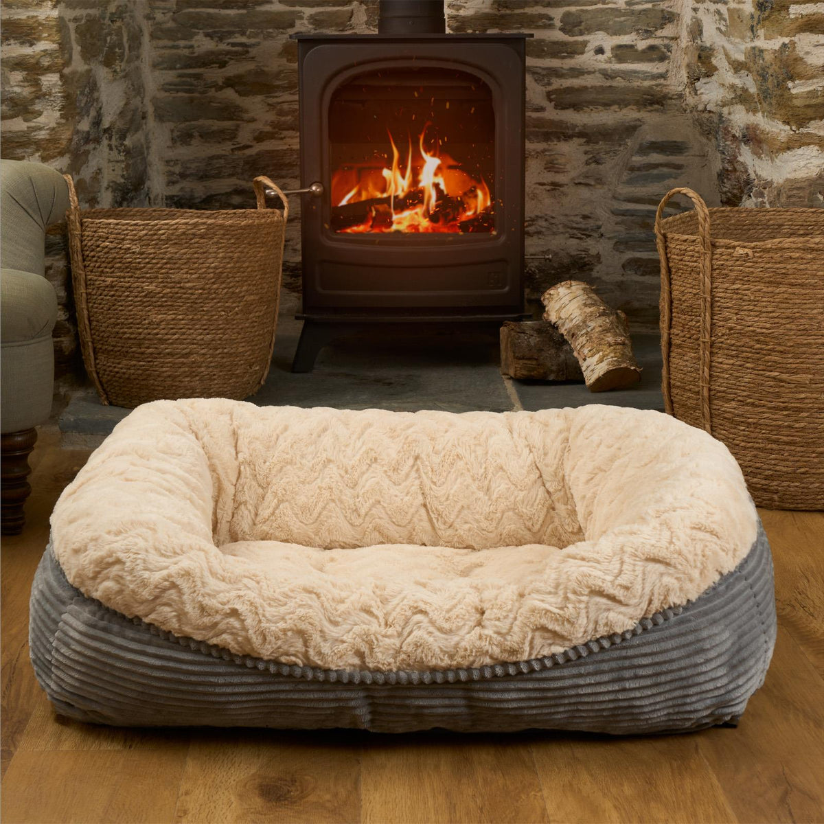 Dog Bed Washable Plush Soft Faux Fur Fleece Ribbed Pet Basket Cushion Warm Cosy