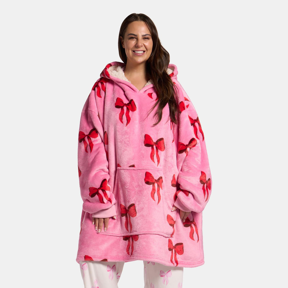OHS Bows Print Hooded Blanket Adult Kids Sherpa Lined Winter Family Hoodie